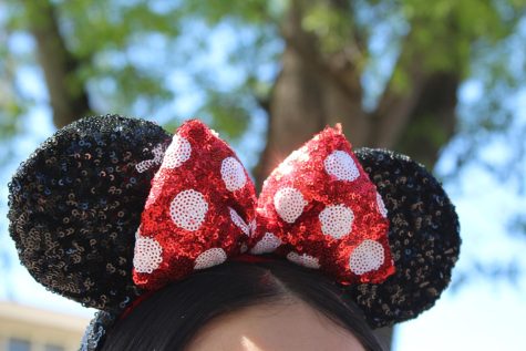 A picture of someone wearing Mickey ears at Disneyland.