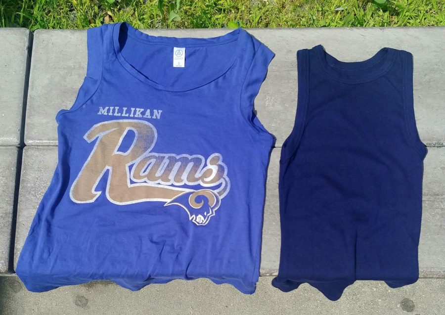 A Millikan tank top photographed next to a non-Millikan tank top. 