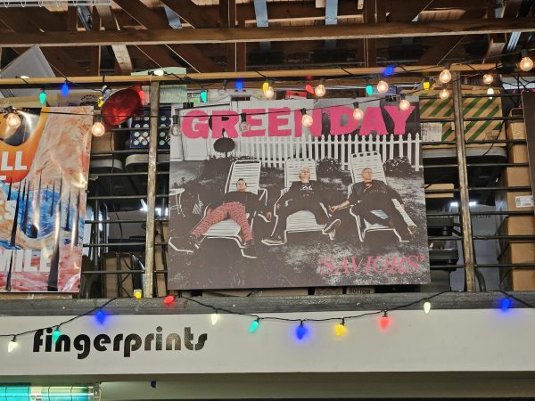 Photo of poster promoting Greendays new album at the record store Fingerprints. 
