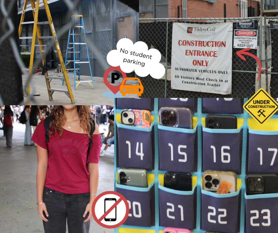 Photo of Construction signs at Millikan (top left and right), student in free dress (bottom left), and phone cubbies (bottom right)