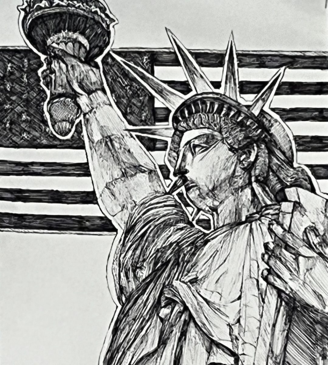 Graphic design of Statue of Liberty and American Flag for Free Speech