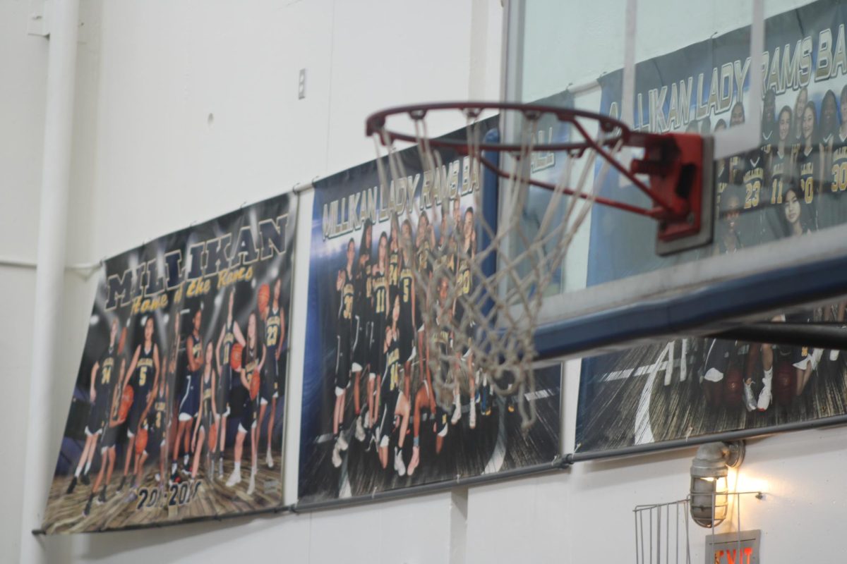 a basketball hoop in the Millikan small gym